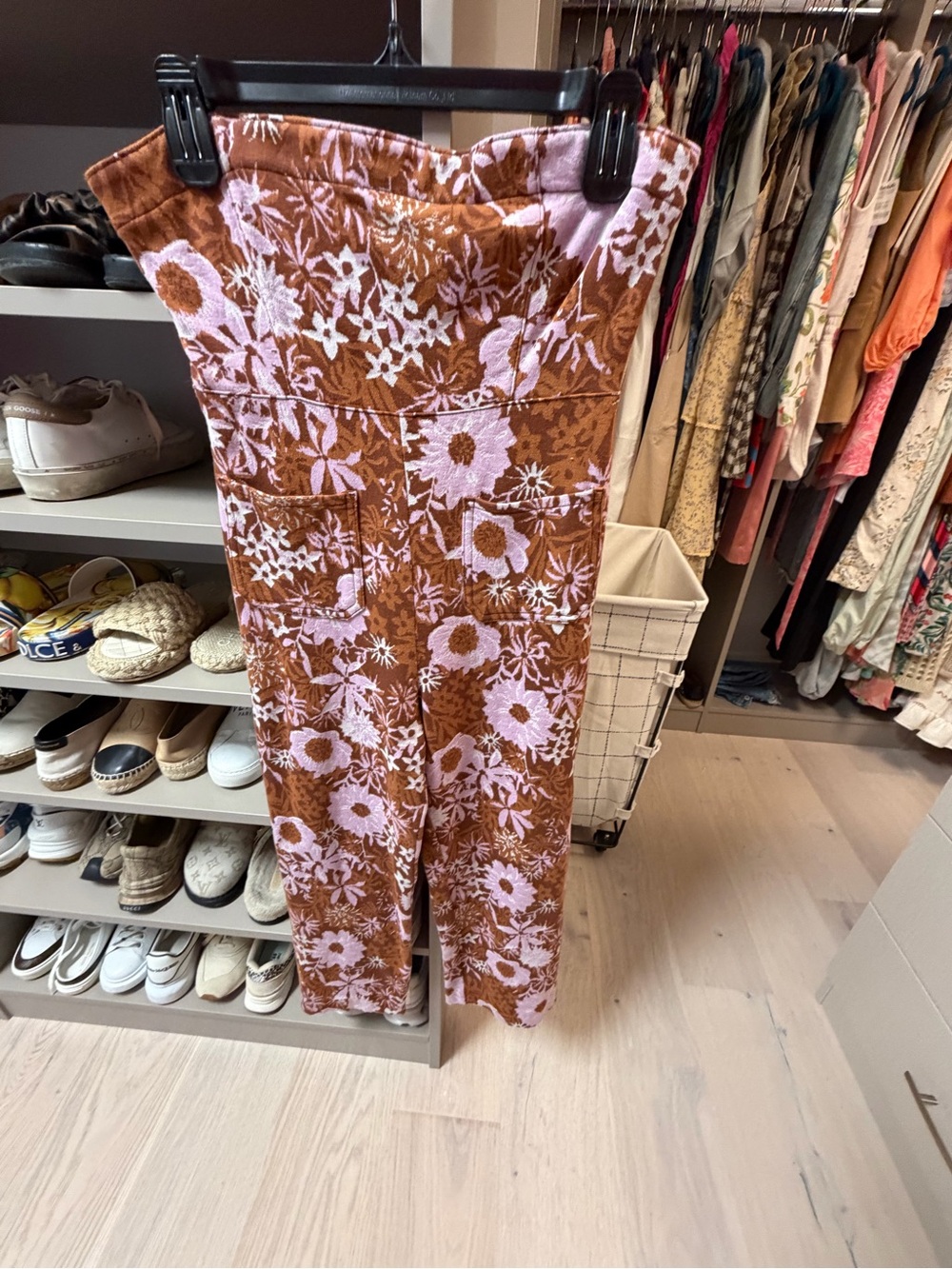 Anthropologie Strapless Wide-Leg Jumpsuit in Rust & Pink Floral